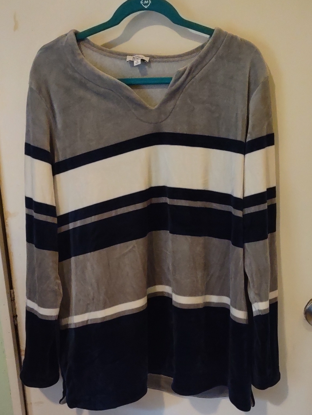 Kim Rogers Striped V-Neck Sweater in Gray, Navy & White